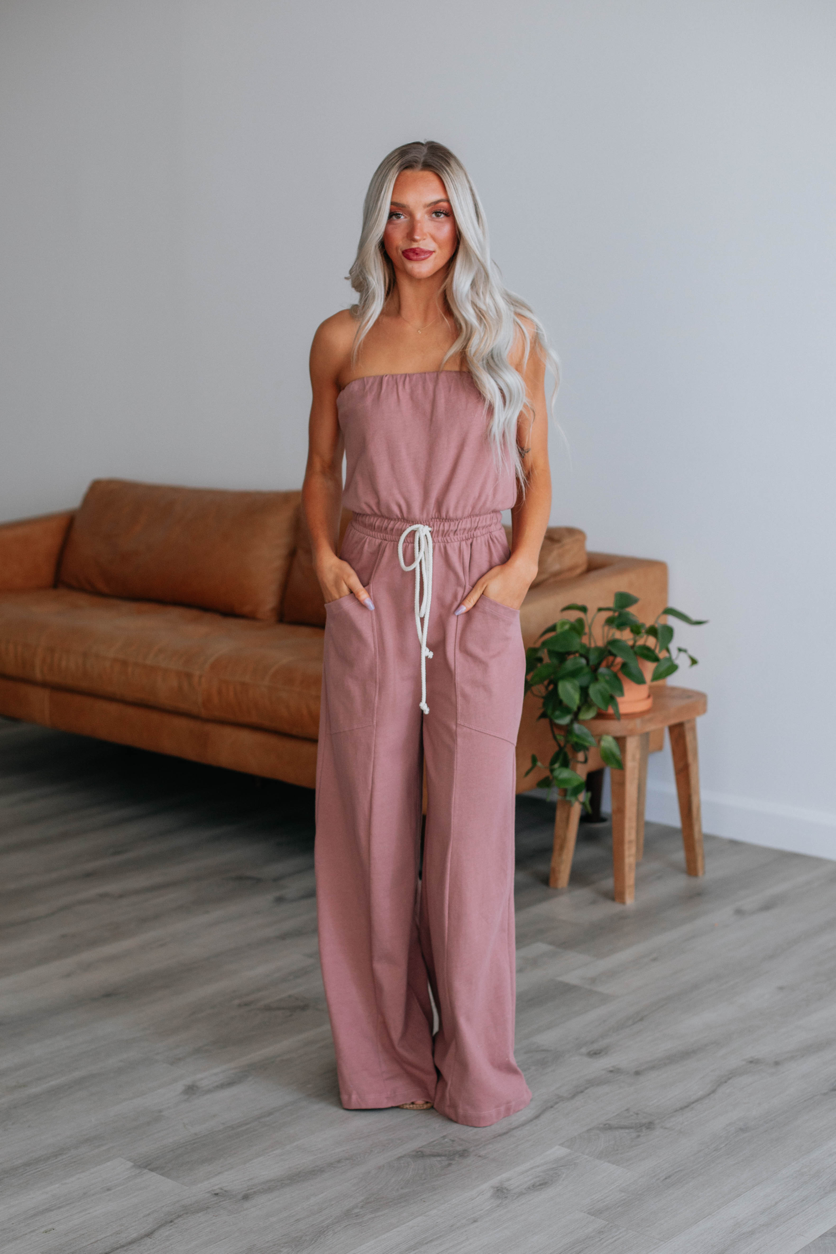 Strapless Cotton Jumpsuit With Pockets In Peach, CY Boutique