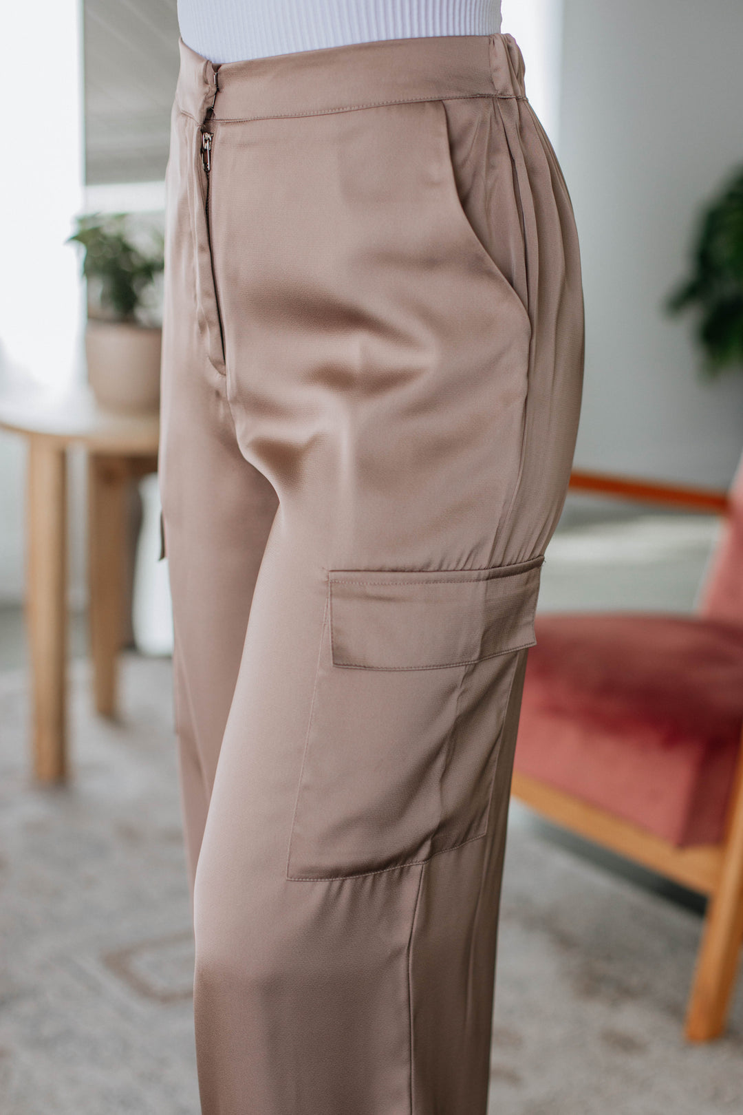 Adara Satin Cargo Pants - Taupe