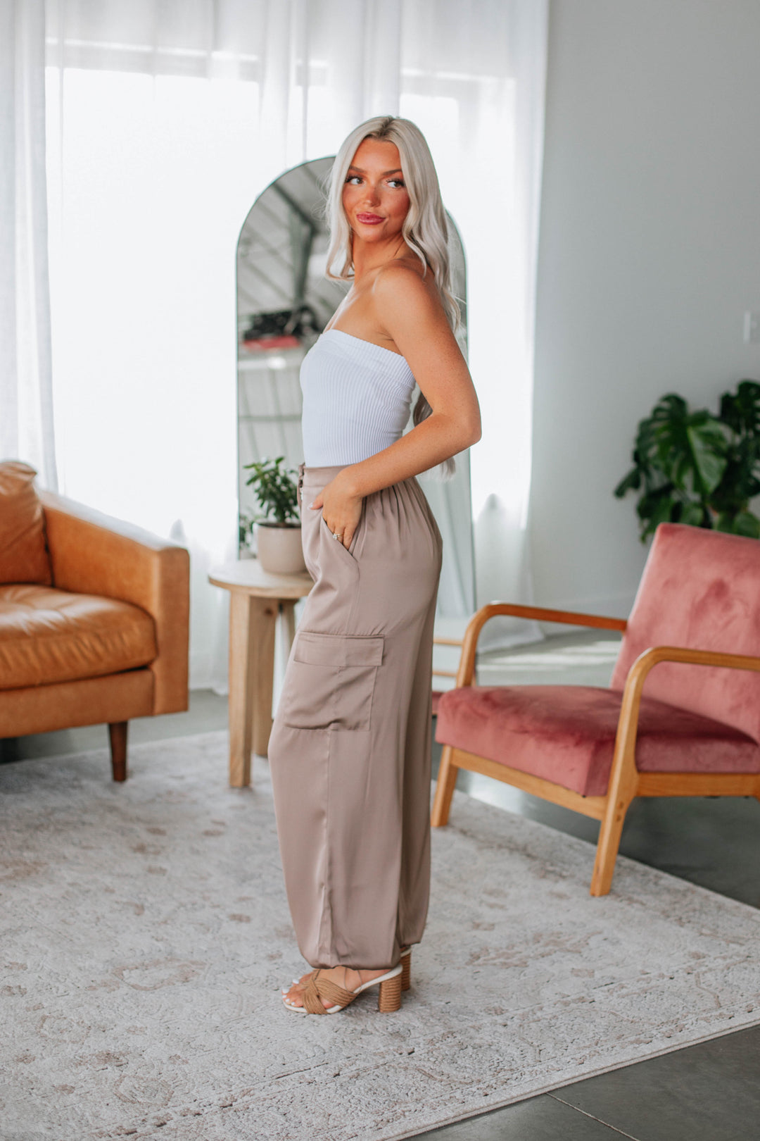 Adara Satin Cargo Pants - Taupe