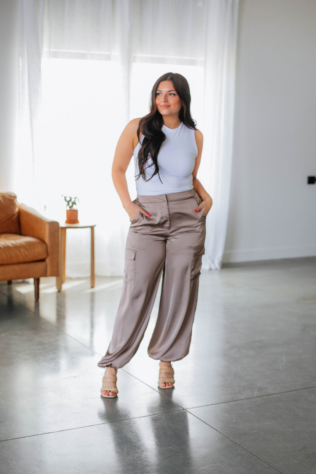 Adara Satin Cargo Pants - Taupe