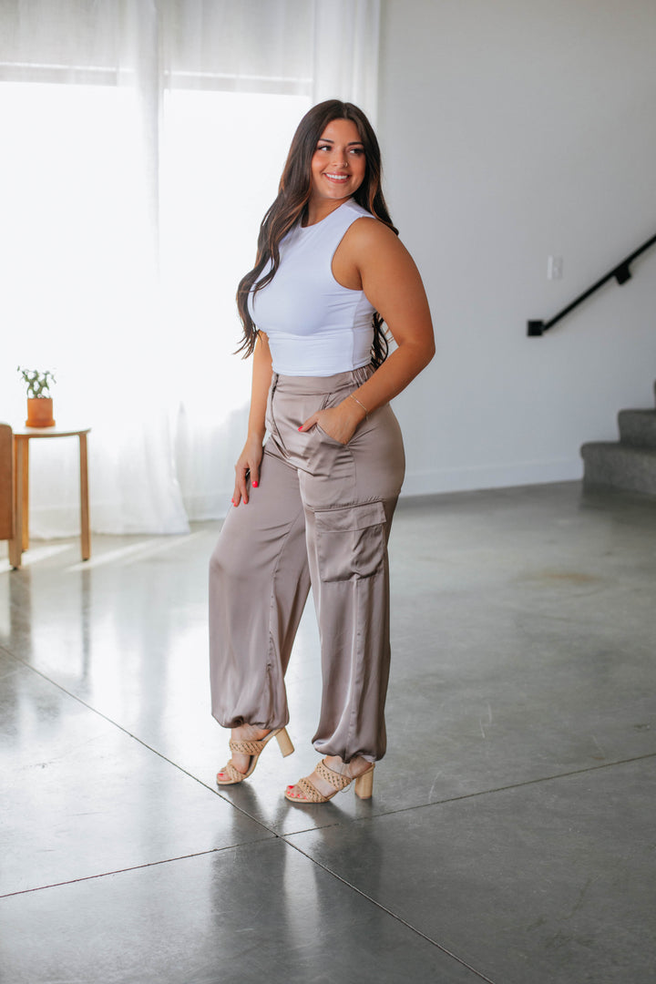 Adara Satin Cargo Pants - Taupe