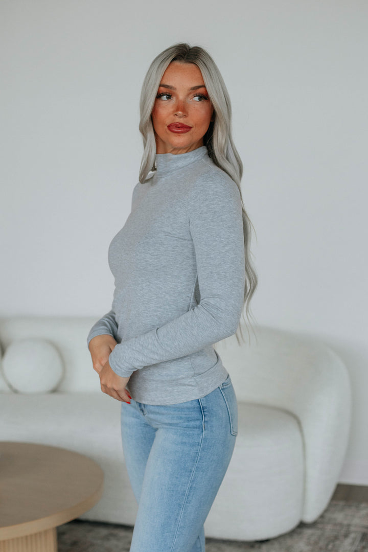 Evelina Mock Neck Top - Heather Grey