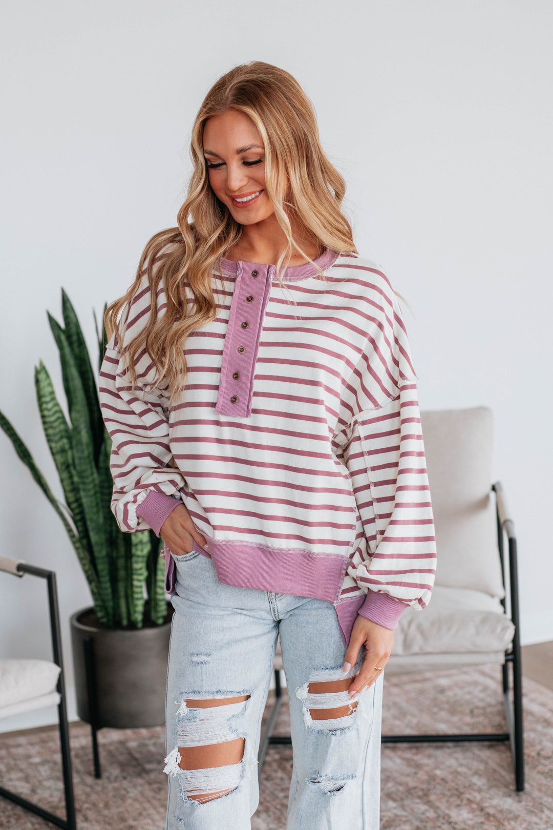 Maggey Striped Pullover - Dusty Orchid