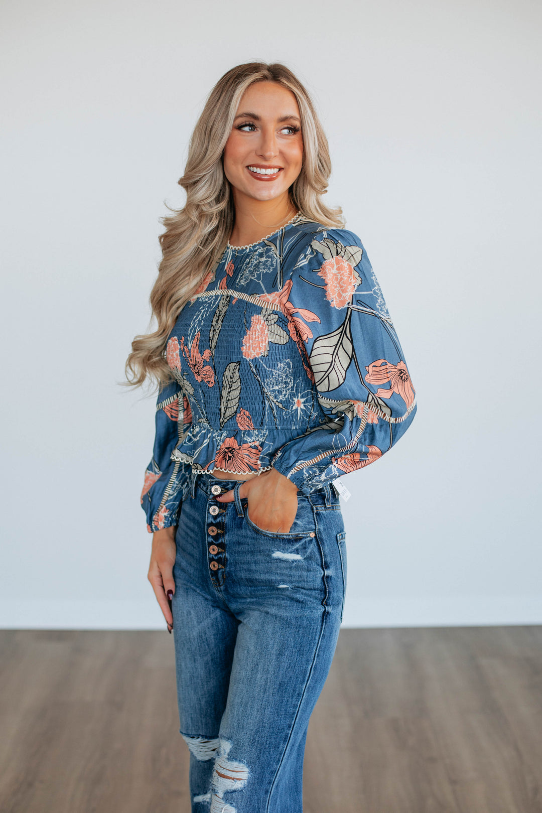 Nemara Floral Top - Steel Blue