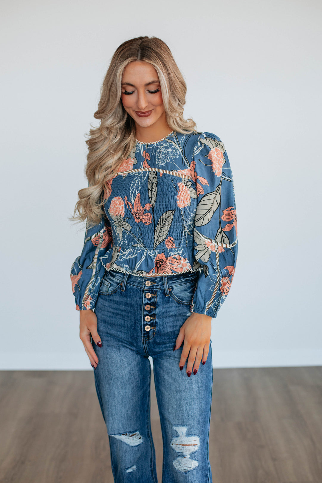 Nemara Floral Top - Steel Blue