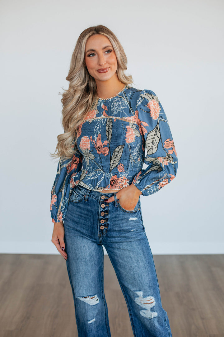 Nemara Floral Top - Steel Blue