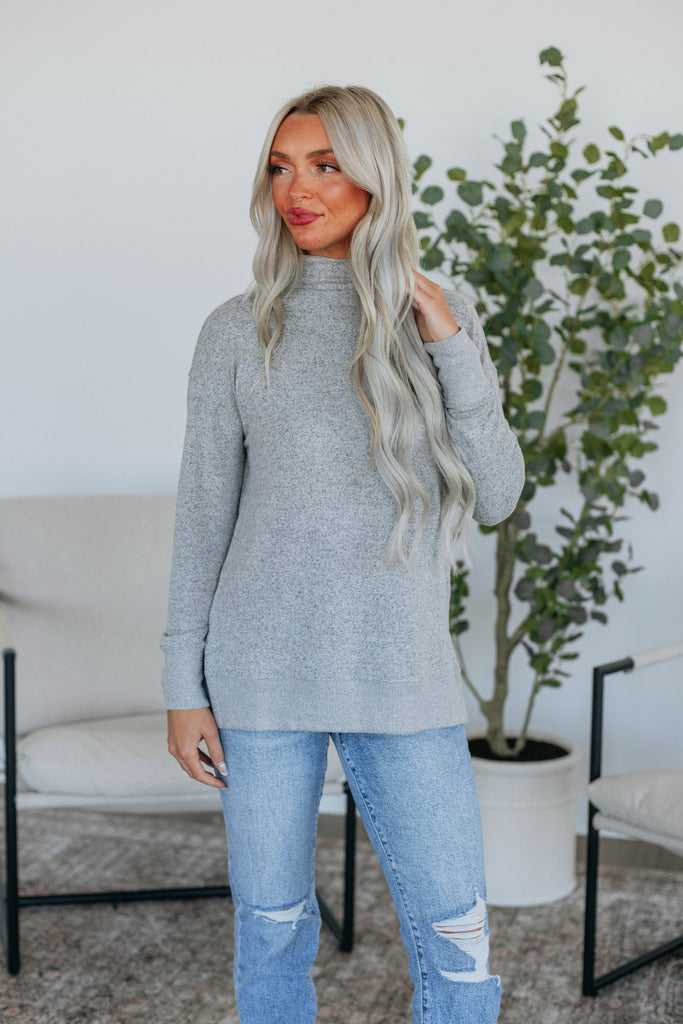 Rachelle Mock Neck Top - Heather Grey