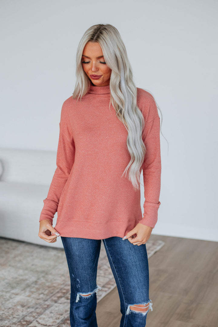 Rachelle Mock Neck Top - Salmon