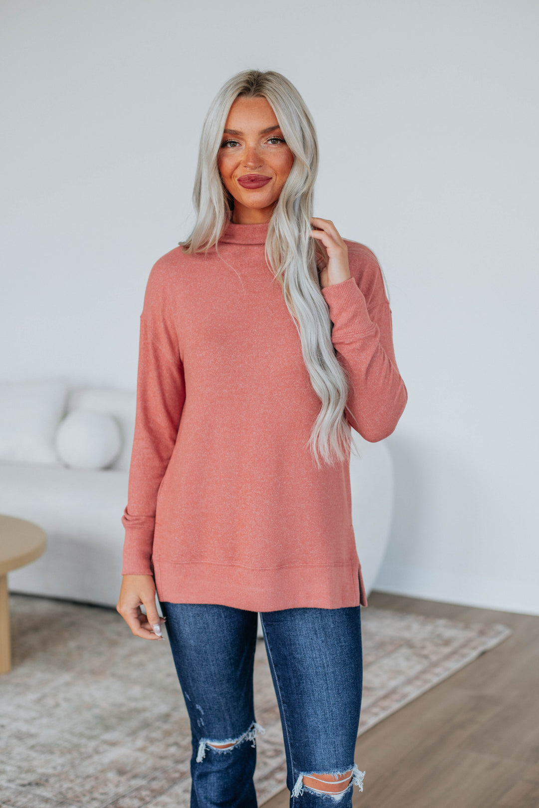 Rachelle Mock Neck Top - Salmon