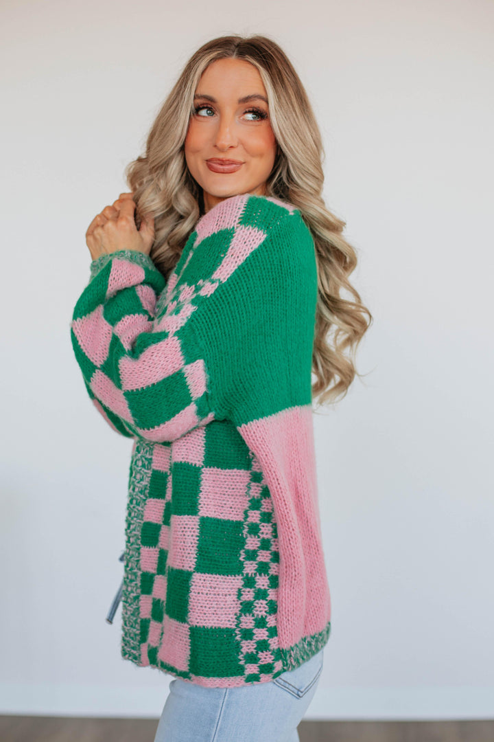 Talia Checkered Cardigan - Kelly Green Mix