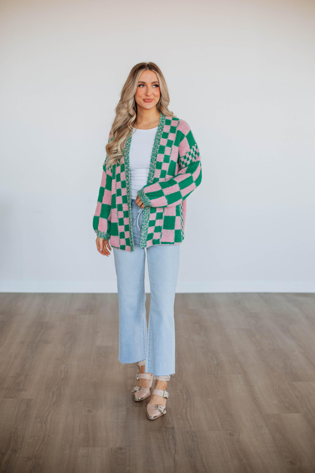 Talia Checkered Cardigan - Kelly Green Mix