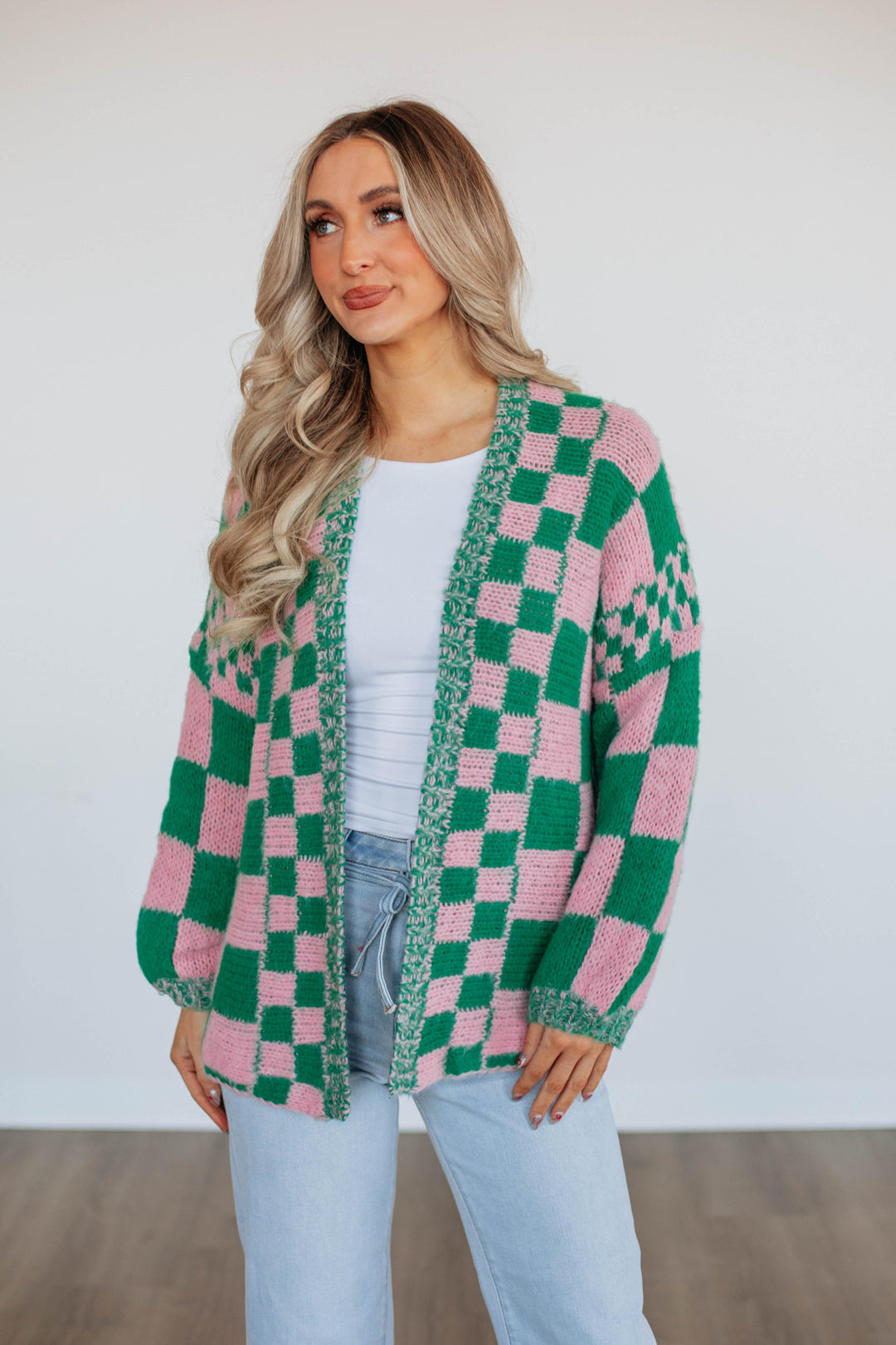 Talia Checkered Cardigan - Kelly Green Mix