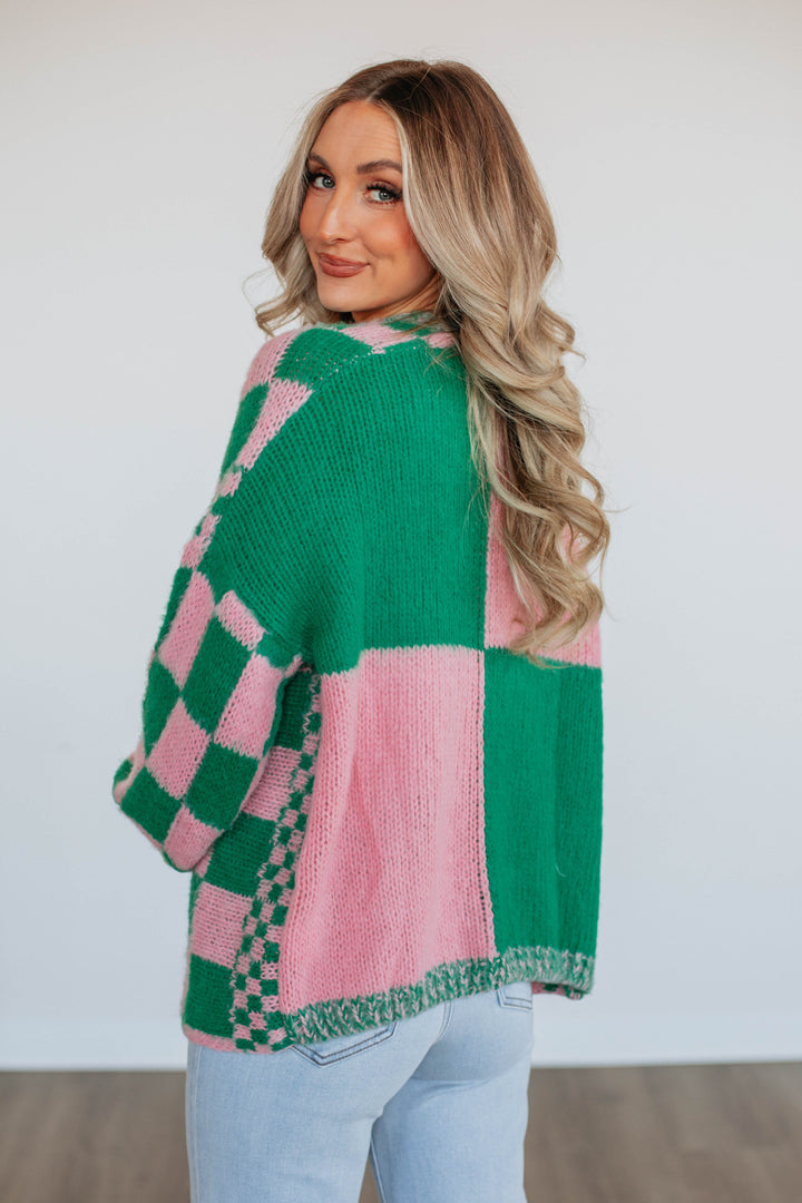 Talia Checkered Cardigan - Kelly Green Mix