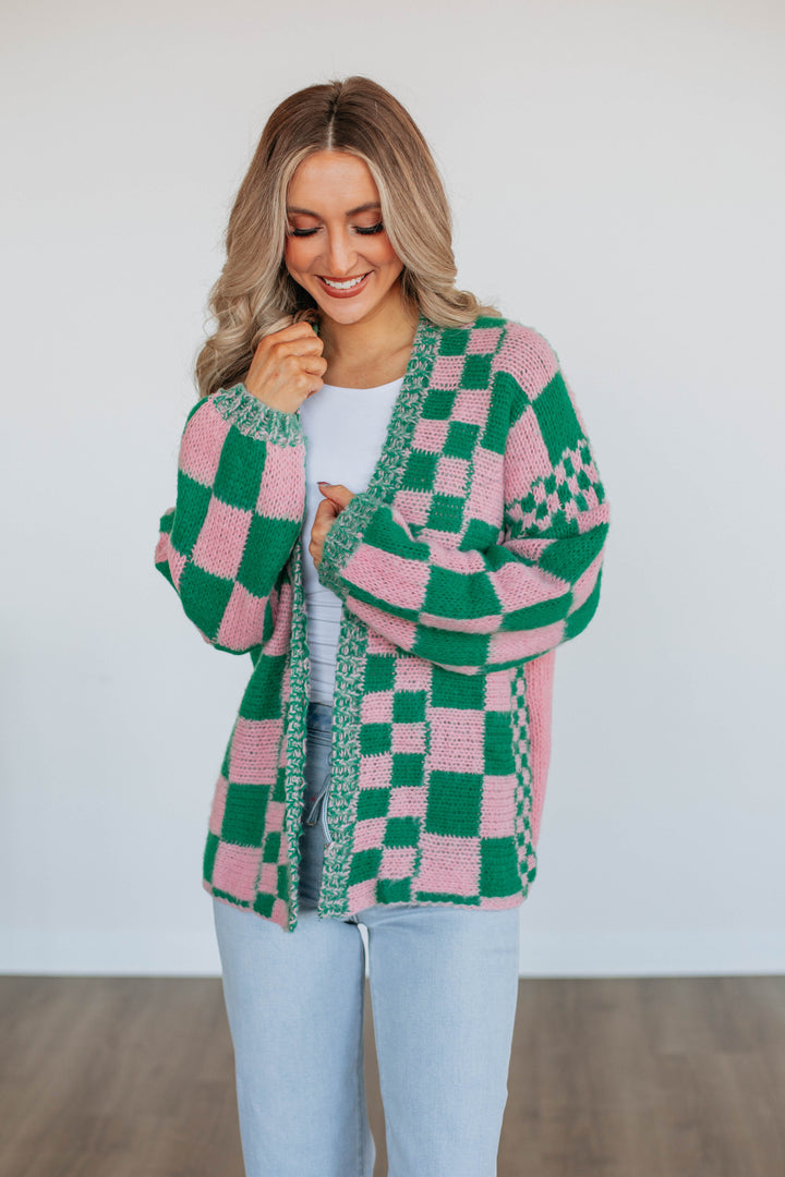 Talia Checkered Cardigan - Kelly Green Mix