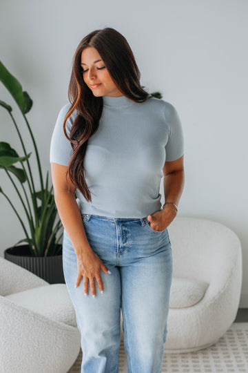 Theresa Mock Neck Top - Powder Blue