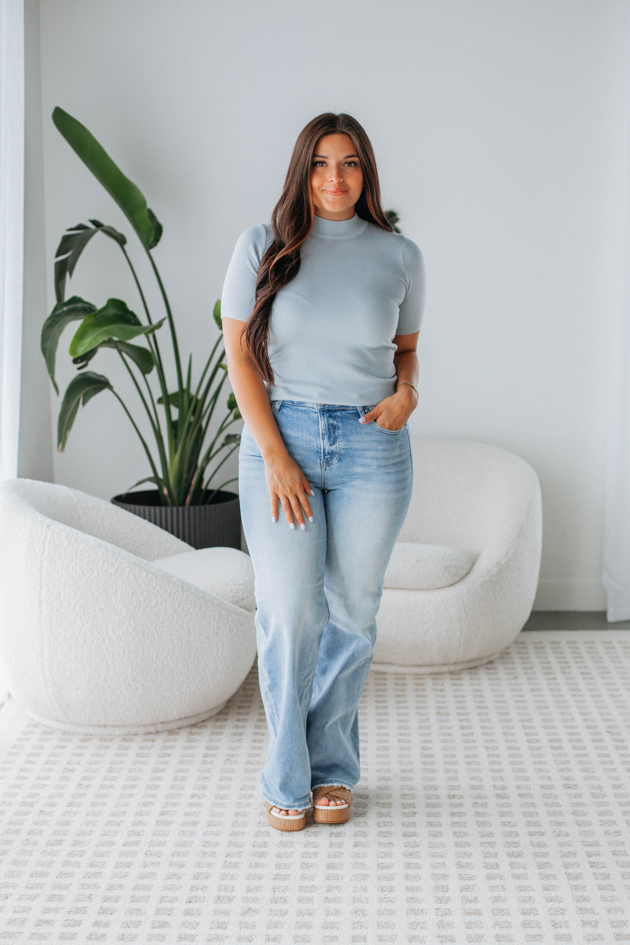 Theresa Mock Neck Top - Powder Blue